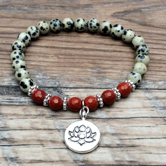 Dalmatian Jasper bracelet with Lotus charm, Red Jasper, healing bracelet - Picture 1 of 9